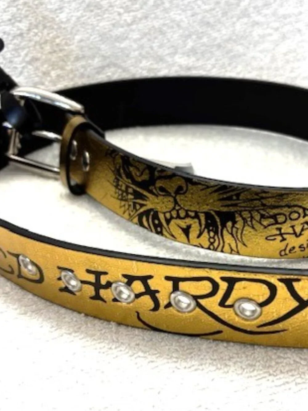 Don Ed Hardy metallic gold belt with rhinestone studded buckle NWT Size 32